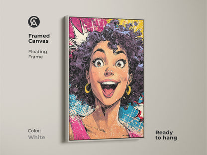 Framed canvas of a pop art woman with a white floating frame. The artwork is ready to hang. The white frame offers a clean modern look. The pink yellow and blue colors stand out in this eclectic artwork. This expressive portrait is a vibrant addition to any wall