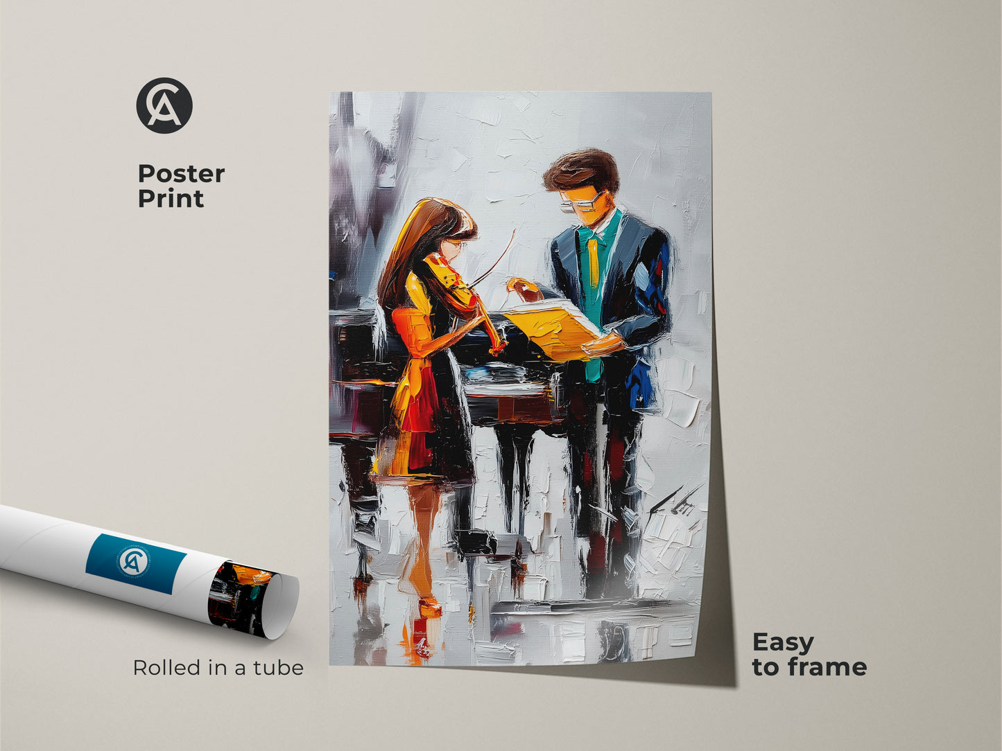 Poster print of an impressionist violin and piano art piece. This teal blue orange wall art is easy to frame. Showcases abstract musical figures in a contemporary style.