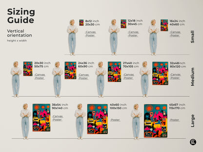Sizing guide for vertical abstract artwork. Available in small medium and large sizes. See how the canvas or poster print looks in various dimensions. Find the perfect size to fit your space and artistic preferences today