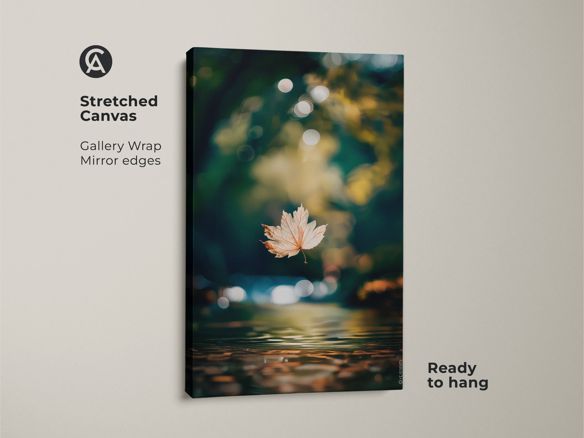 Stretched canvas gallery wrap art. A single leaf floats above reflective water. The mirror edges enhance the artwork's depth. Ready to hang it adds an elegant touch to any room with organic aesthetic.