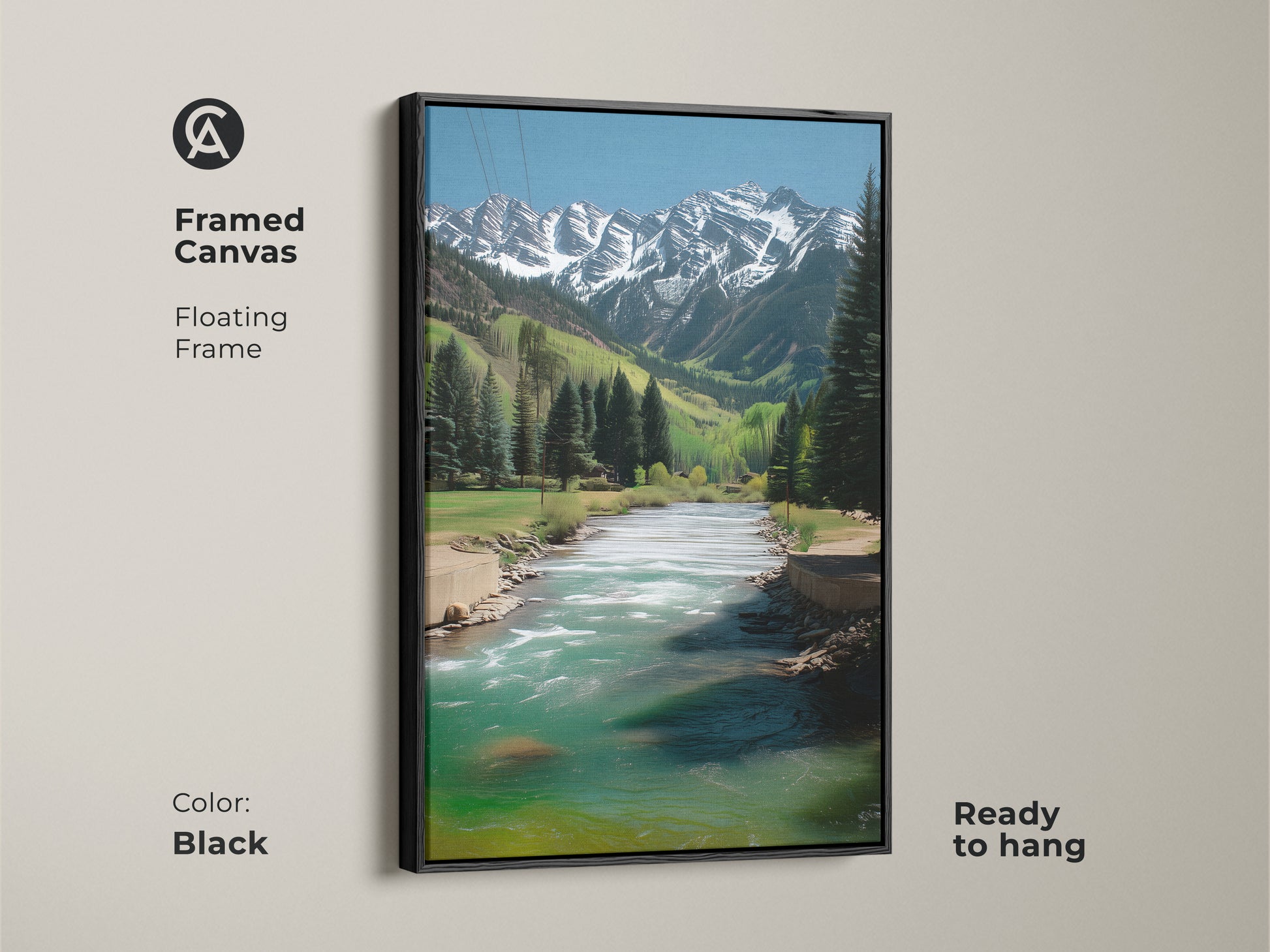 Framed canvas art featuring a mountain river landscape. The black floating frame enhances the snowy peaks artwork. Ready to hang this teal water art brings a rustic touch to any living space or cabin decor.