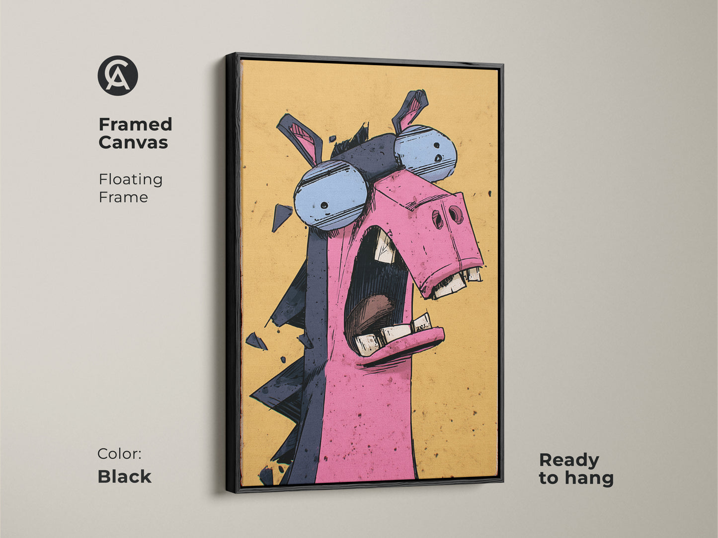This framed canvas showcases a cartoon donkey with glasses art. The floating frame adds a modern touch and is ready to hang. The expressive donkey decor in pink yellow blue enhances any space. It's a colorful animal art piece.