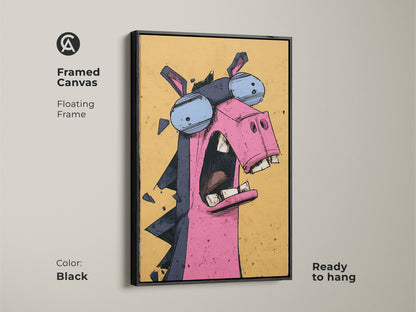 This framed canvas showcases a cartoon donkey with glasses art. The floating frame adds a modern touch and is ready to hang. The expressive donkey decor in pink yellow blue enhances any space. It's a colorful animal art piece.