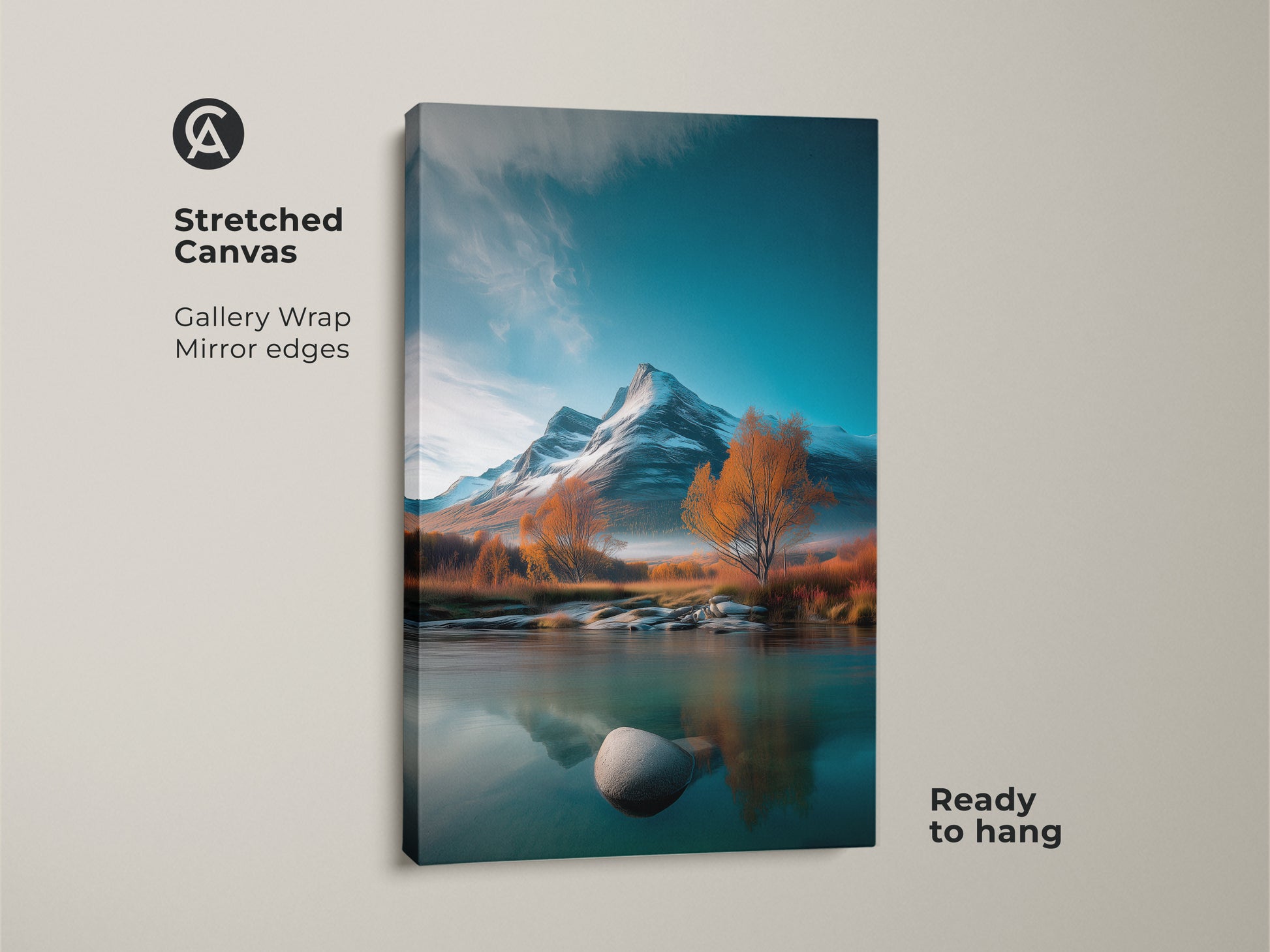 Stretched canvas mountain river artwork showcases gallery wrapped edges. This realistic nature artwork features a teal blue and amber autumn landscape. It's ready to hang making it ideal rustic decor.