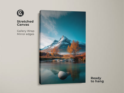 Stretched canvas mountain river artwork showcases gallery wrapped edges. This realistic nature artwork features a teal blue and amber autumn landscape. It's ready to hang making it ideal rustic decor.