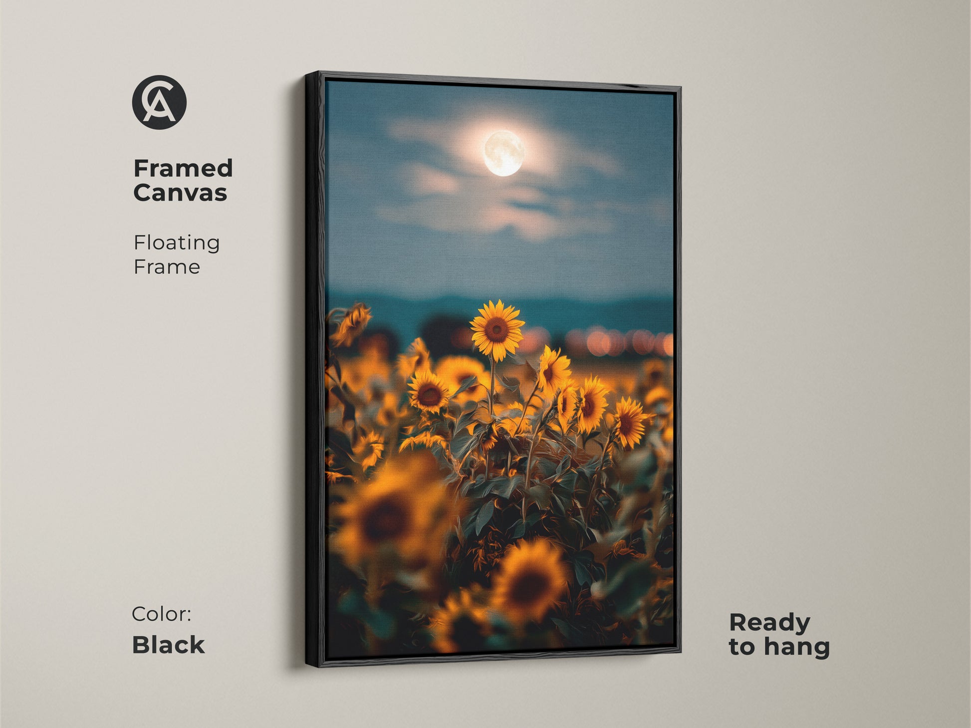 Framed canvas in black featuring golden sunflowers under a full moon. This boho artwork is ready to hang with a floating frame. The dreamy impressionistic print adds a touch of nature and romance to any space. A great housewarming gift.