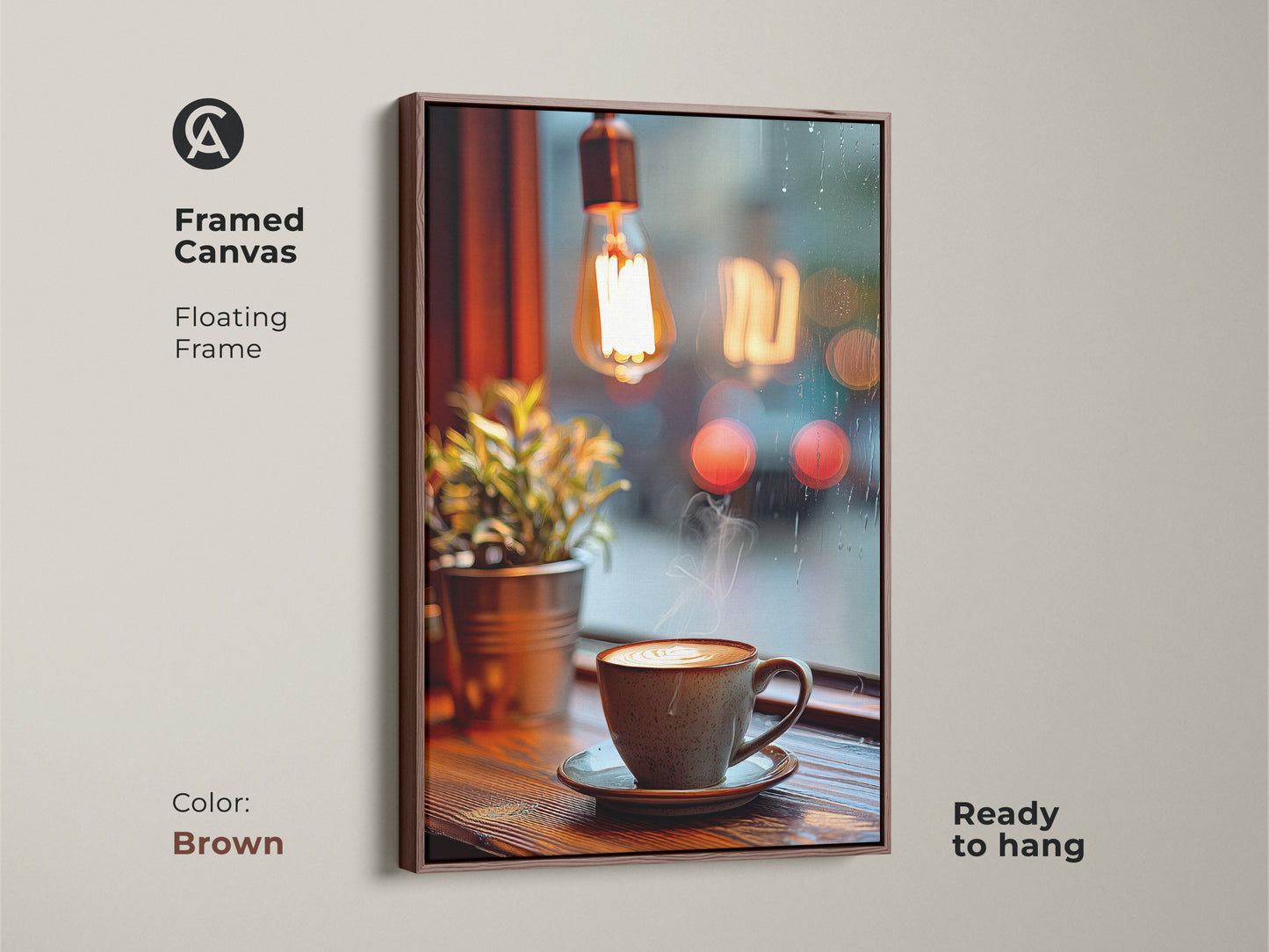 Framed canvas with a brown floating frame featuring cozy coffee art. The warm tones and rustic cup enhance any kitchen or cafe wall. This Scandinavian art print is ready to hang. It creates a cozy and inviting atmosphere for coffee lovers.