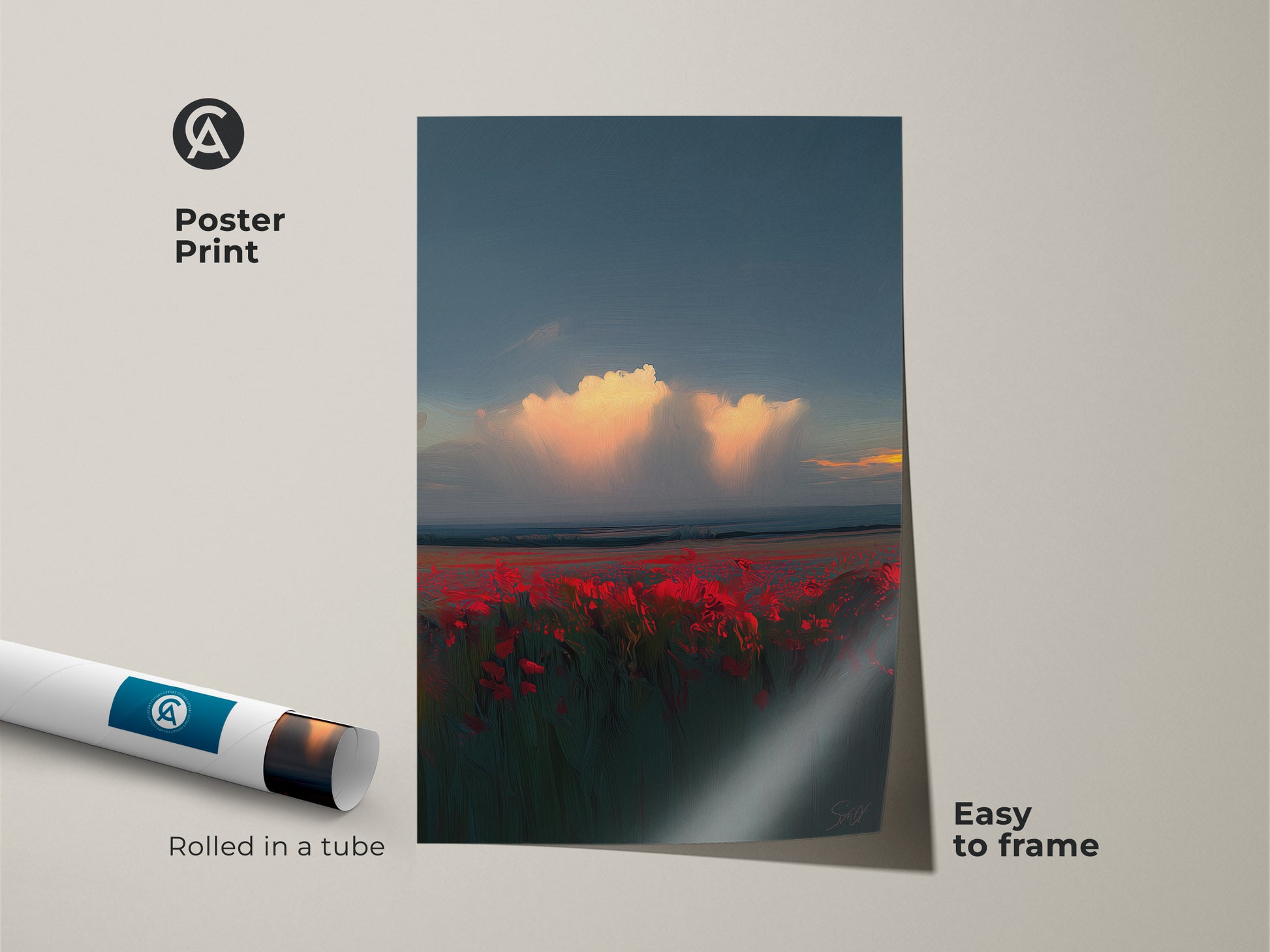 Poster Print of Crimson Poppy Field Art. This sunset landscape is easy to frame. The teal and orange floral artwork is rolled in a tube for protection. A great gift for nature lovers.