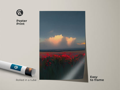 Poster Print of Crimson Poppy Field Art. This sunset landscape is easy to frame. The teal and orange floral artwork is rolled in a tube for protection. A great gift for nature lovers.