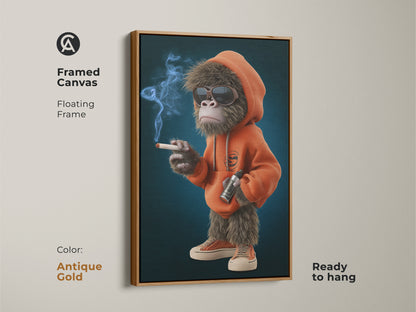 Framed canvas with a floating frame showcasing a streetwear monkey. The antique gold frame enhances the cartoon animal artwork. This piece is ready to hang. It is perfect for man cave wall decor. The orange hoodie and sunglasses give this smoking monkey a unique and edgy vibe.
