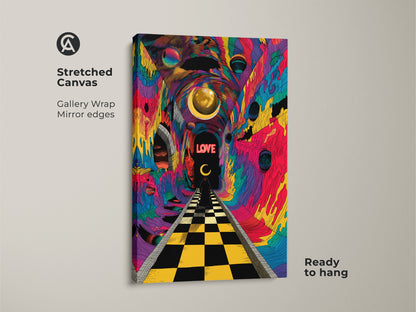 This stretched canvas artwork features psychedelic abstract art. A surreal chessboard path and tunnel vision create a trippy effect. The colorful abstract canvas is ready to hang adding eclectic flair. It makes a great gift idea abstract for any bedroom decor.