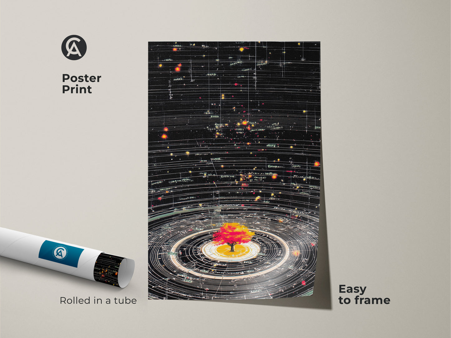 Rolled Poster Print of Abstract Cosmic Tree of Life. Easy-to-frame generative space orbits art print. A science fiction artwork. Showcases a black base with yellow red stars. Perfect as a unique stargazing gift. Ideal for science inspired home decor.
