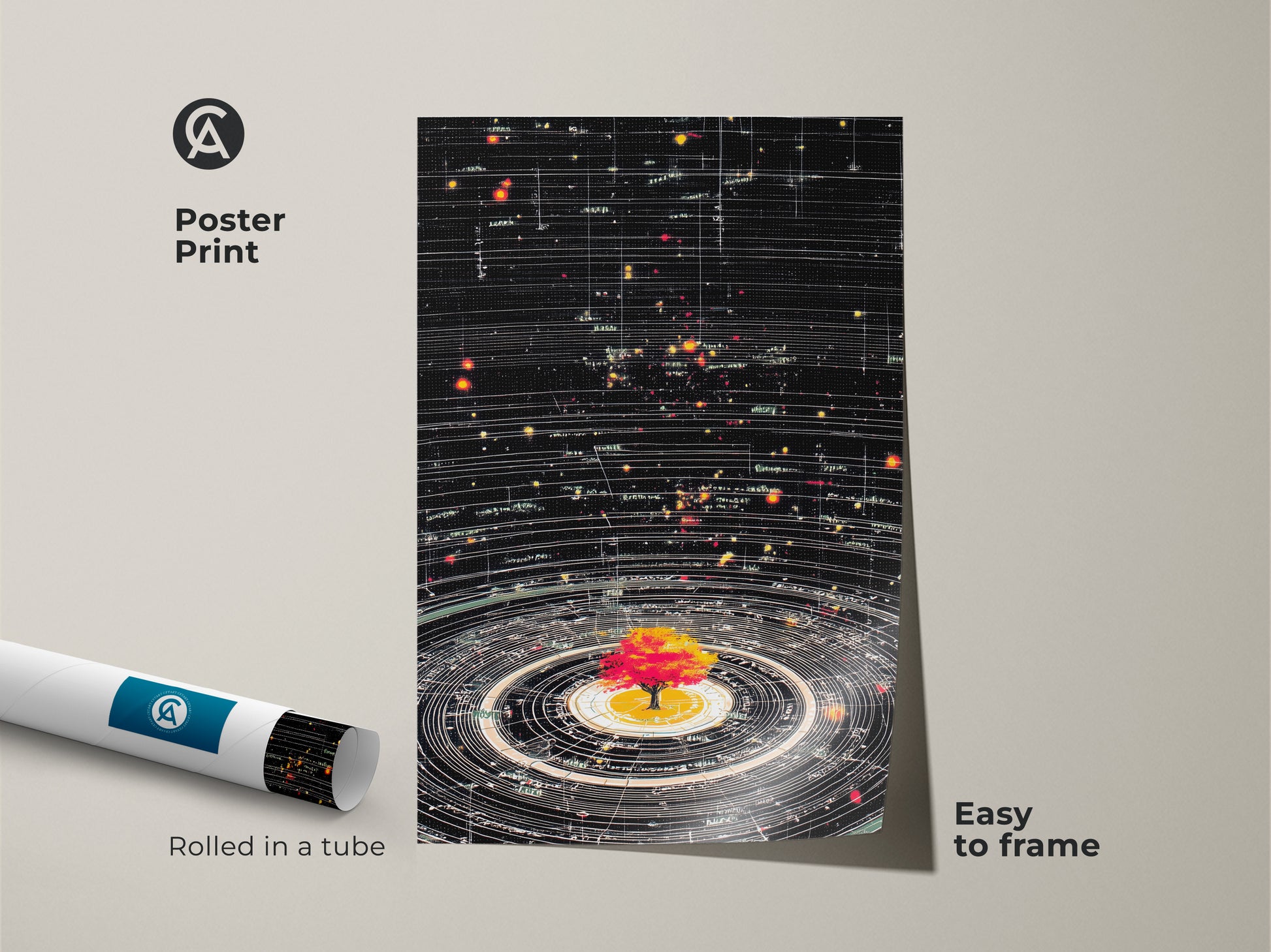 Rolled Poster Print of Abstract Cosmic Tree of Life. Easy-to-frame generative space orbits art print. A science fiction artwork. Showcases a black base with yellow red stars. Perfect as a unique stargazing gift. Ideal for science inspired home decor.