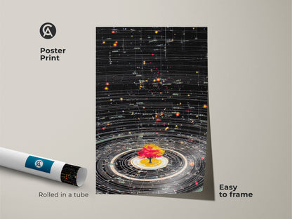 Rolled Poster Print of Abstract Cosmic Tree of Life. Easy-to-frame generative space orbits art print. A science fiction artwork. Showcases a black base with yellow red stars. Perfect as a unique stargazing gift. Ideal for science inspired home decor.