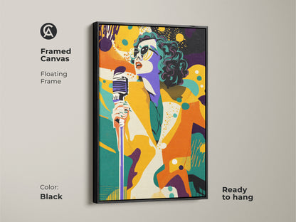 Framed canvas art of a retro pop art singer in a black floating frame. This ready-to-hang artwork features vibrant colors. The singer with a microphone adds an eclectic touch to your home decor.