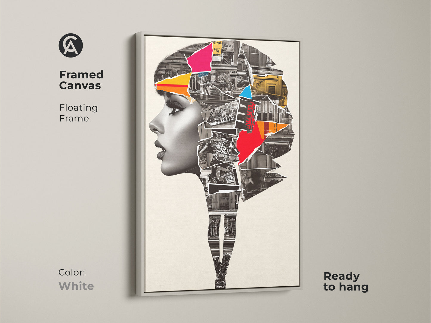 Framed Canvas showcasing an Abstract Woman Portrait. The white floating frame enhances the urban collage mixed media artwork. Crimson and cobalt blue colors add a contemporary touch. This modern art print is ready to hang.