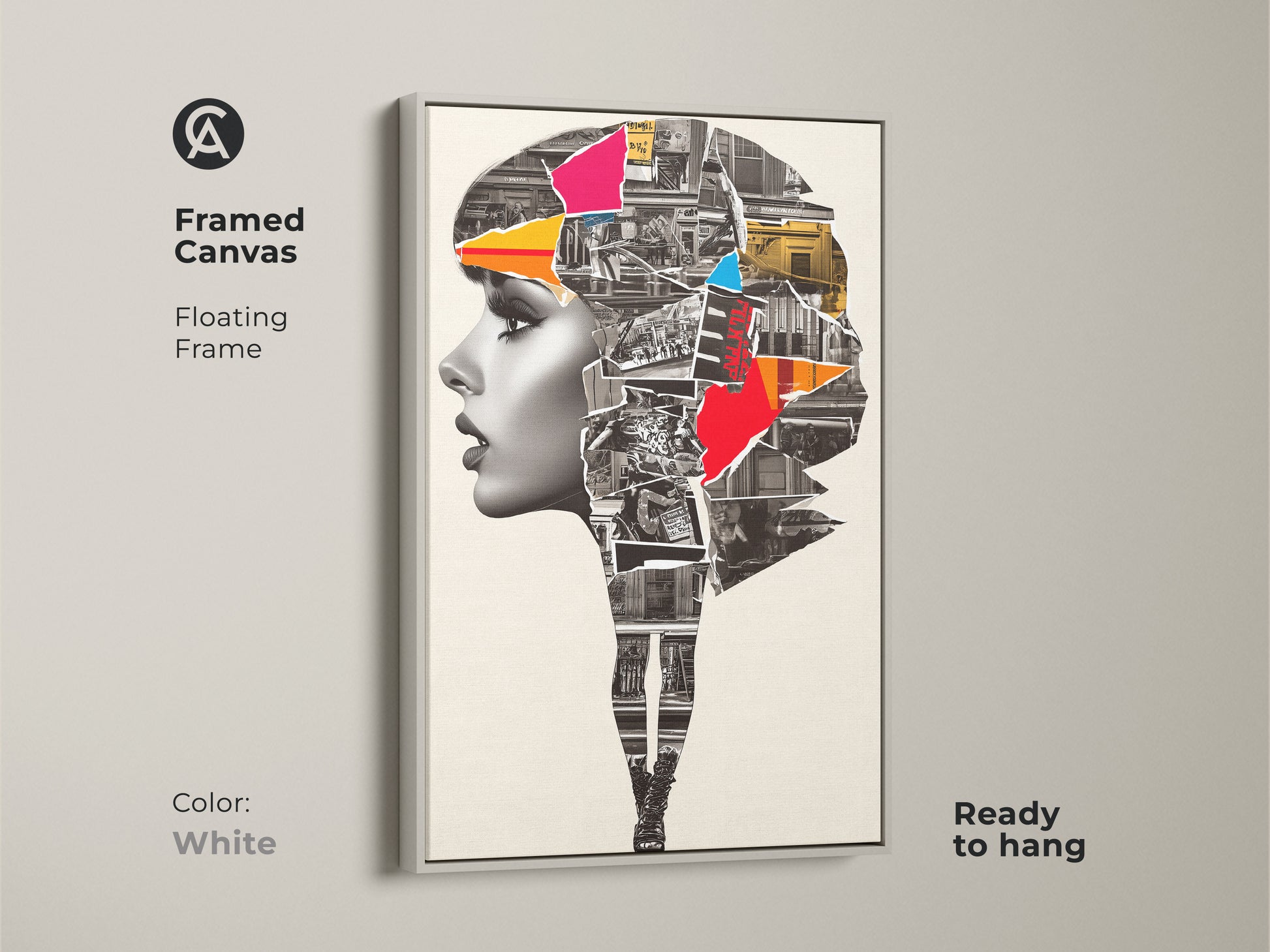 Framed Canvas showcasing an Abstract Woman Portrait. The white floating frame enhances the urban collage mixed media artwork. Crimson and cobalt blue colors add a contemporary touch. This modern art print is ready to hang.
