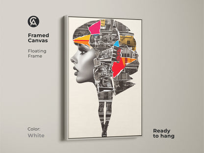 Framed Canvas showcasing an Abstract Woman Portrait. The white floating frame enhances the urban collage mixed media artwork. Crimson and cobalt blue colors add a contemporary touch. This modern art print is ready to hang.