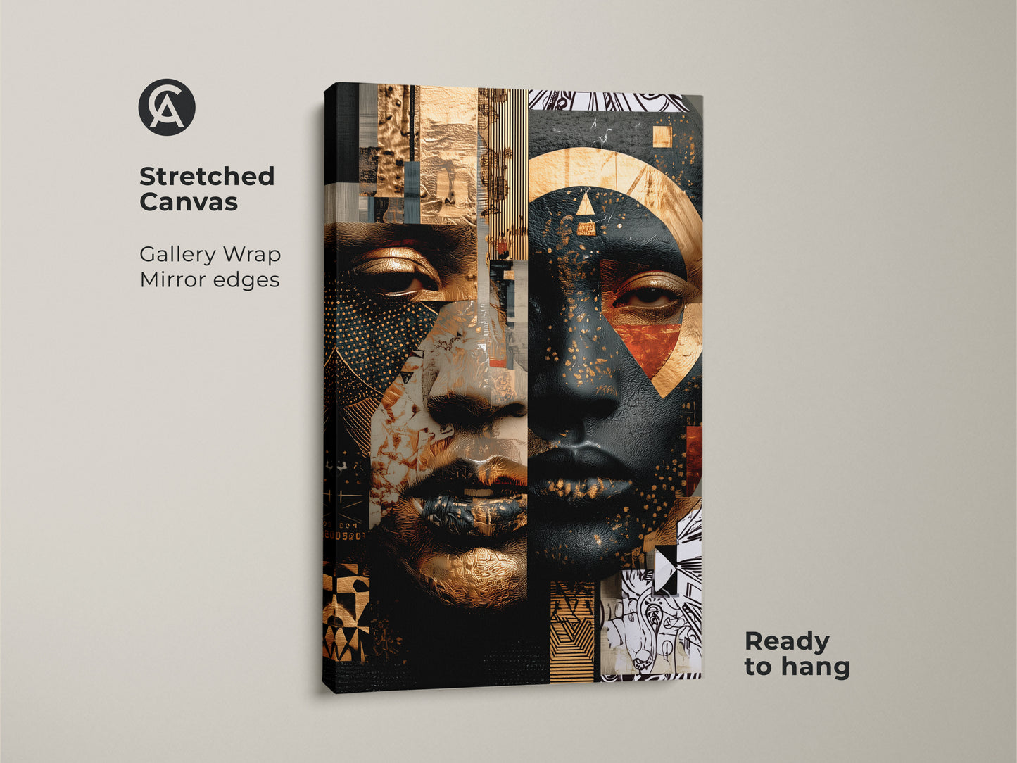 Stretched canvas featuring an abstract face wall art. The gold and black portrait canvas showcases contemporary geometric art. Ideal for modern bedroom wall decor. This eclectic home decor print is ready to hang. Gallery wrapped with mirrored edges.