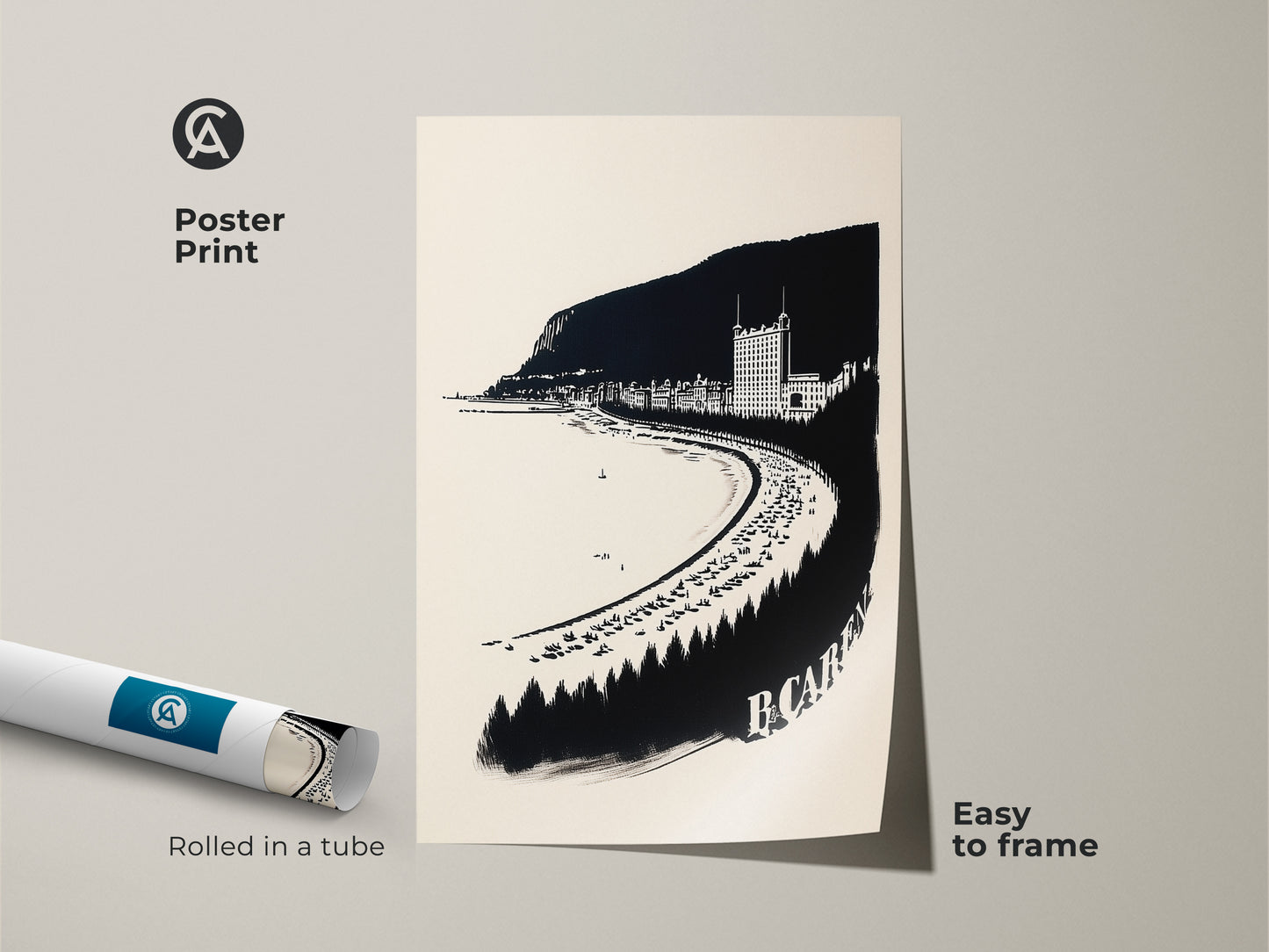 Rolled vintage coastal town print in a tube. This black and white beach artwork is easy to frame. The graphic travel poster is a minimalist black and white decor art print.