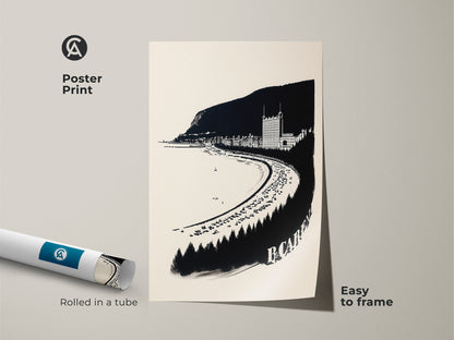 Rolled vintage coastal town print in a tube. This black and white beach artwork is easy to frame. The graphic travel poster is a minimalist black and white decor art print.