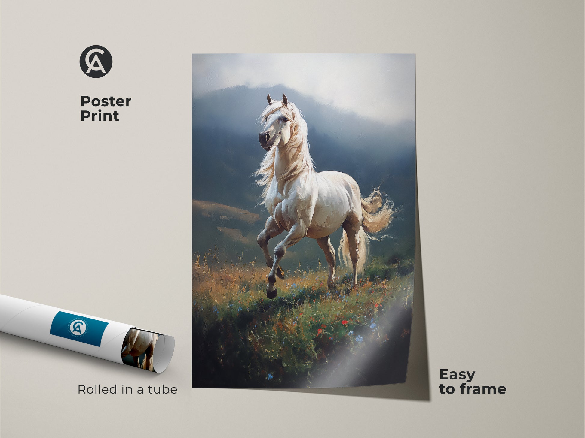 Poster print of a white horse canvas rolled in a tube. This artwork is easy to frame. The print showcases a realistic horse running through a wildflower meadow. Ideal nature animal home decor for living rooms. A great gift for horse lovers.