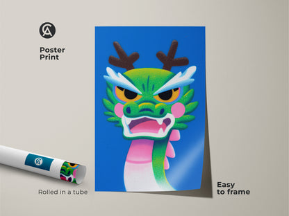 Poster print of a Cartoon Dragon arrives rolled easy to frame. This mythical creature artwork features vibrant green pink and blue colors. Perfect for a kids birthday gift.