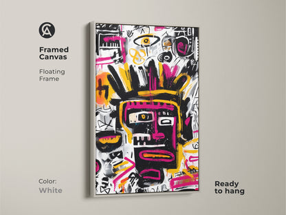 Framed canvas featuring an abstract face in the style of Basquiat with a sleek white floating frame. This ready-to-hang artwork adds a modern touch to any home or office. The artwork is a bold statement piece. It will enhance your interior decor.