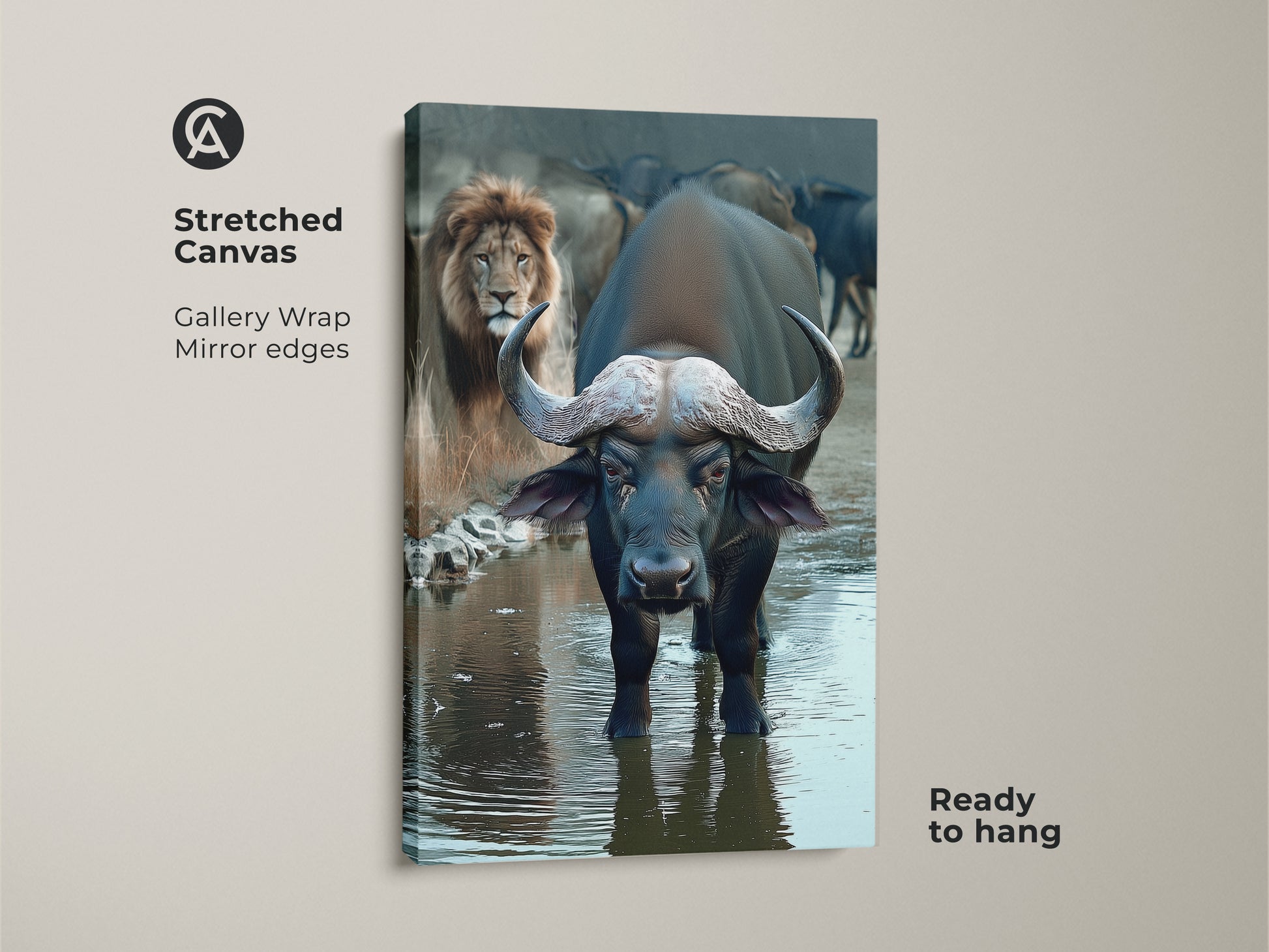 This is Buffalo and Lion wall art on a stretched canvas. It is an African wildlife canvas print. The safari animals artwork has a photorealistic style. This eclectic home decor is ready to hang. It's a dark blue and brown art piece. It's a great housewarming gift idea.