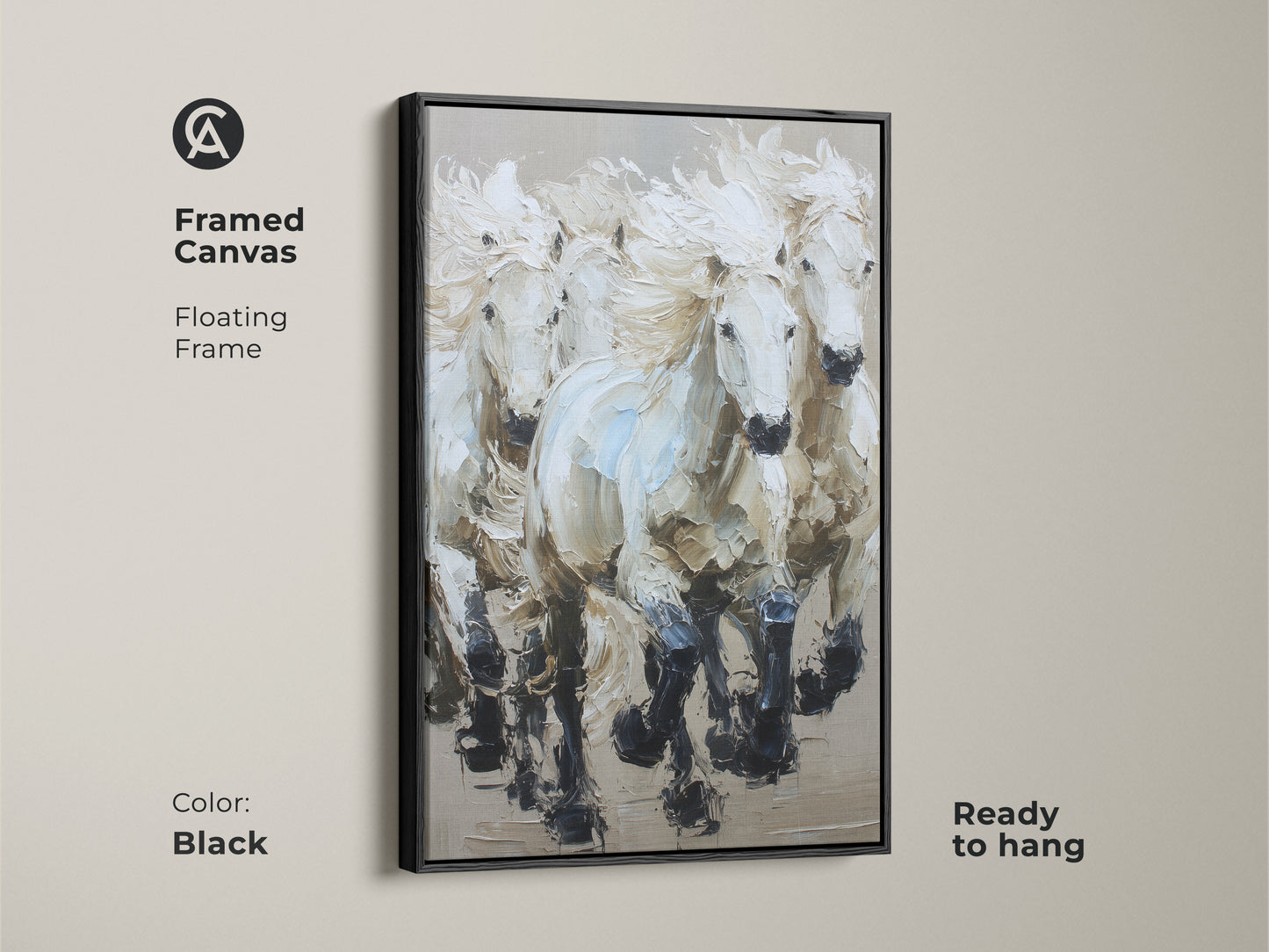 Framed Canvas of Galloping White Horses. The black floating frame enhances this contemporary animal wall decor. This equestrian home decor gift is ready to hang. It brings an elegant horse art feel to any room.