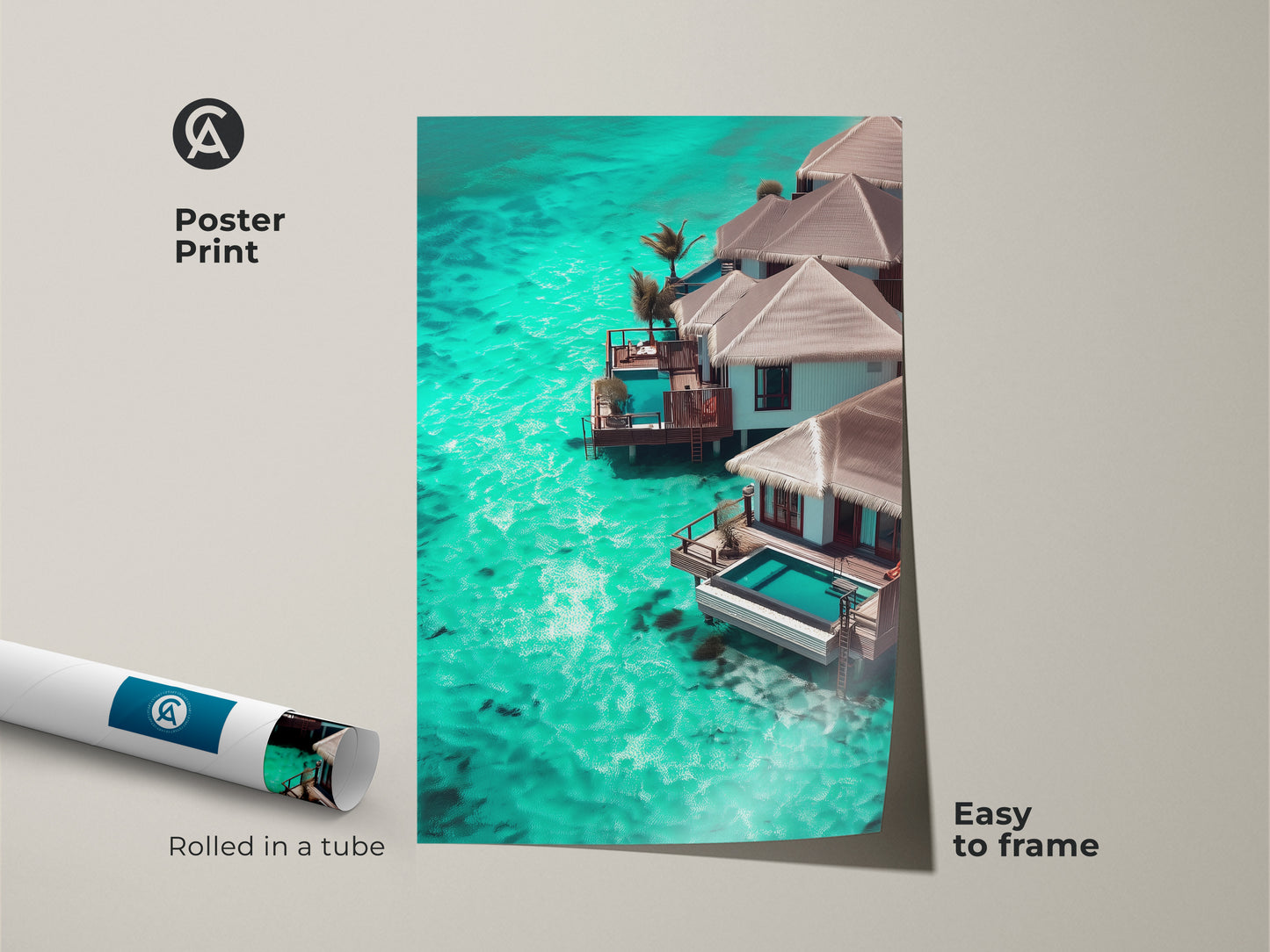 Poster Print of Maldives overwater bungalow art. The turquoise ocean canvas print is coastal tropical wall art. This beach house paradise decor is the perfect bungalow travel artwork. Luxury villa ocean view tropical paradise home decor. Easy to frame rolled artwork