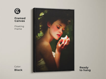 Black framed canvas presents Renaissance woman portrait art. This floating frame displays a woman with peach and green apple. The classic still life wall art is perfect eclectic bedroom decor. Makes a thoughtful gift for art lovers anniversary. Ready to hang for your home.
