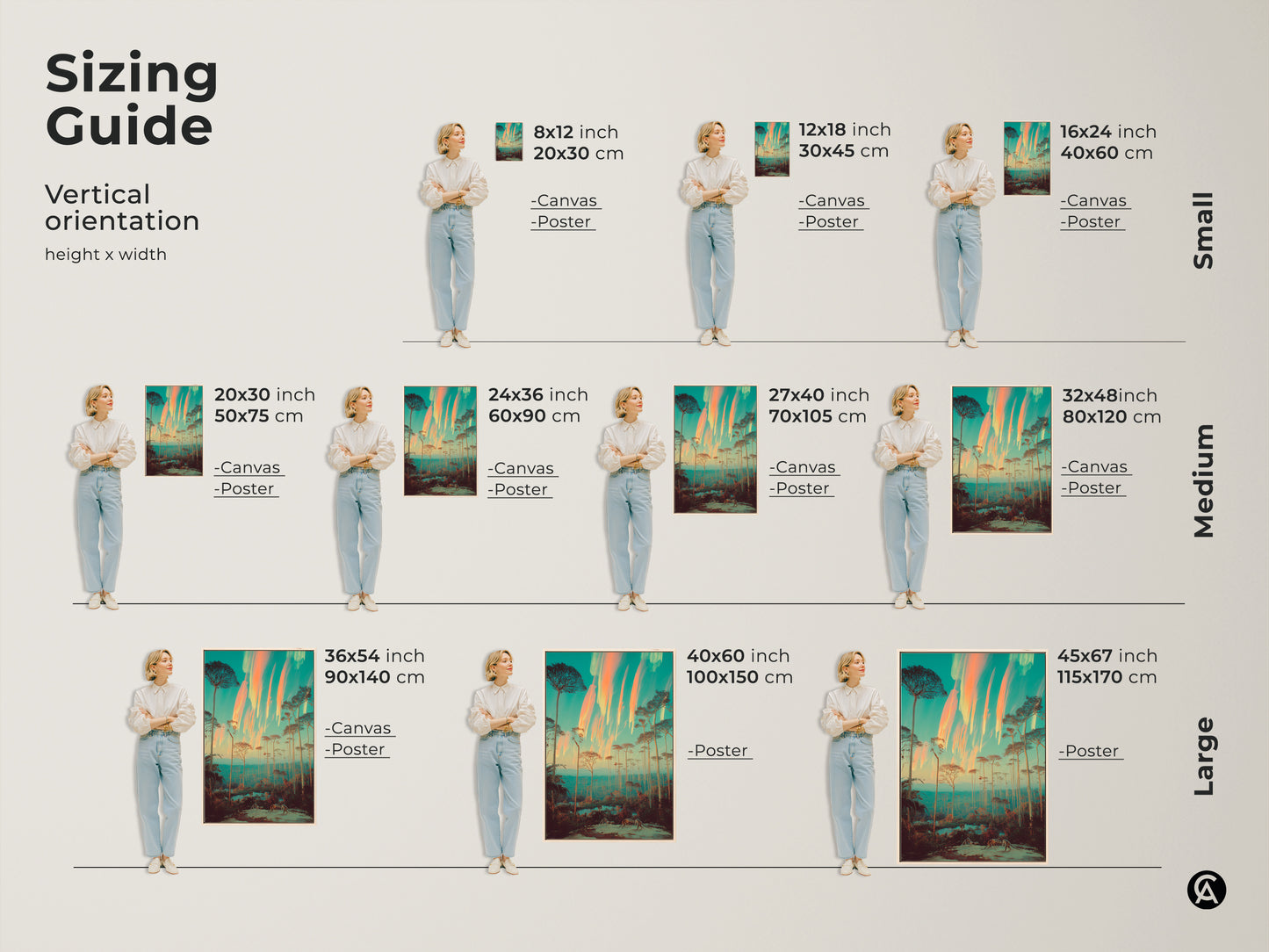 Find the perfect size for your surreal forest canvas or poster print. The sizing guide showcases vertical orientations from small to large. Envision the tall slender trees in a teal and orange dreamlike landscape on your wall. This unique nature art is ideal for eclectic bedroom decor.