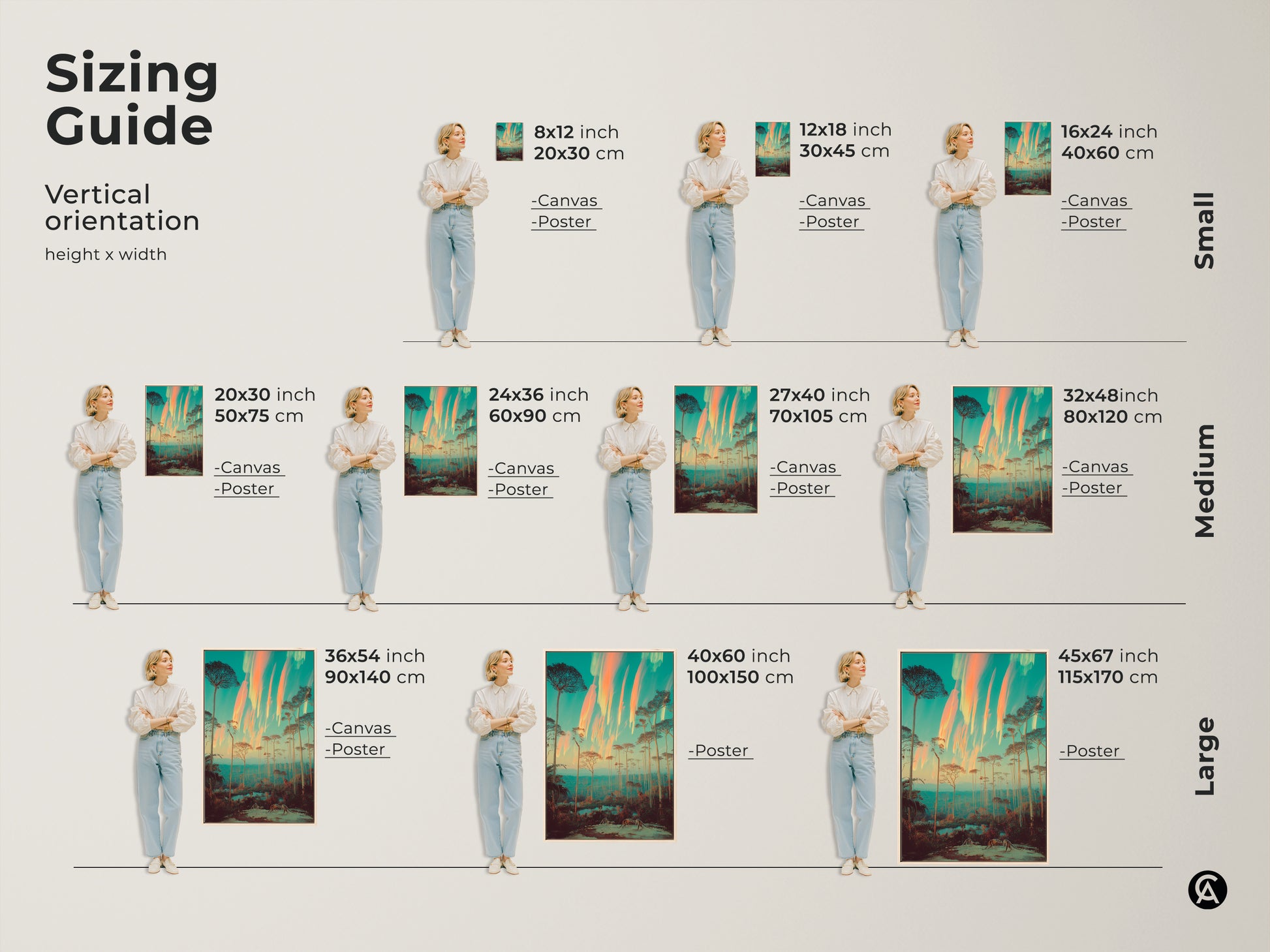 Find the perfect size for your surreal forest canvas or poster print. The sizing guide showcases vertical orientations from small to large. Envision the tall slender trees in a teal and orange dreamlike landscape on your wall. This unique nature art is ideal for eclectic bedroom decor.