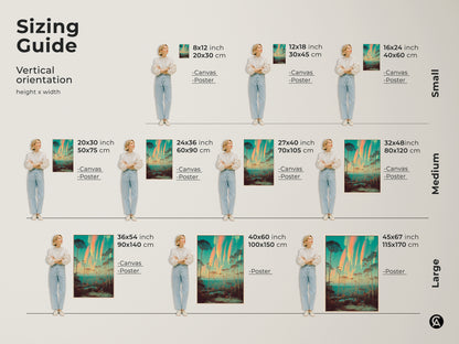 Find the perfect size for your surreal forest canvas or poster print. The sizing guide showcases vertical orientations from small to large. Envision the tall slender trees in a teal and orange dreamlike landscape on your wall. This unique nature art is ideal for eclectic bedroom decor.