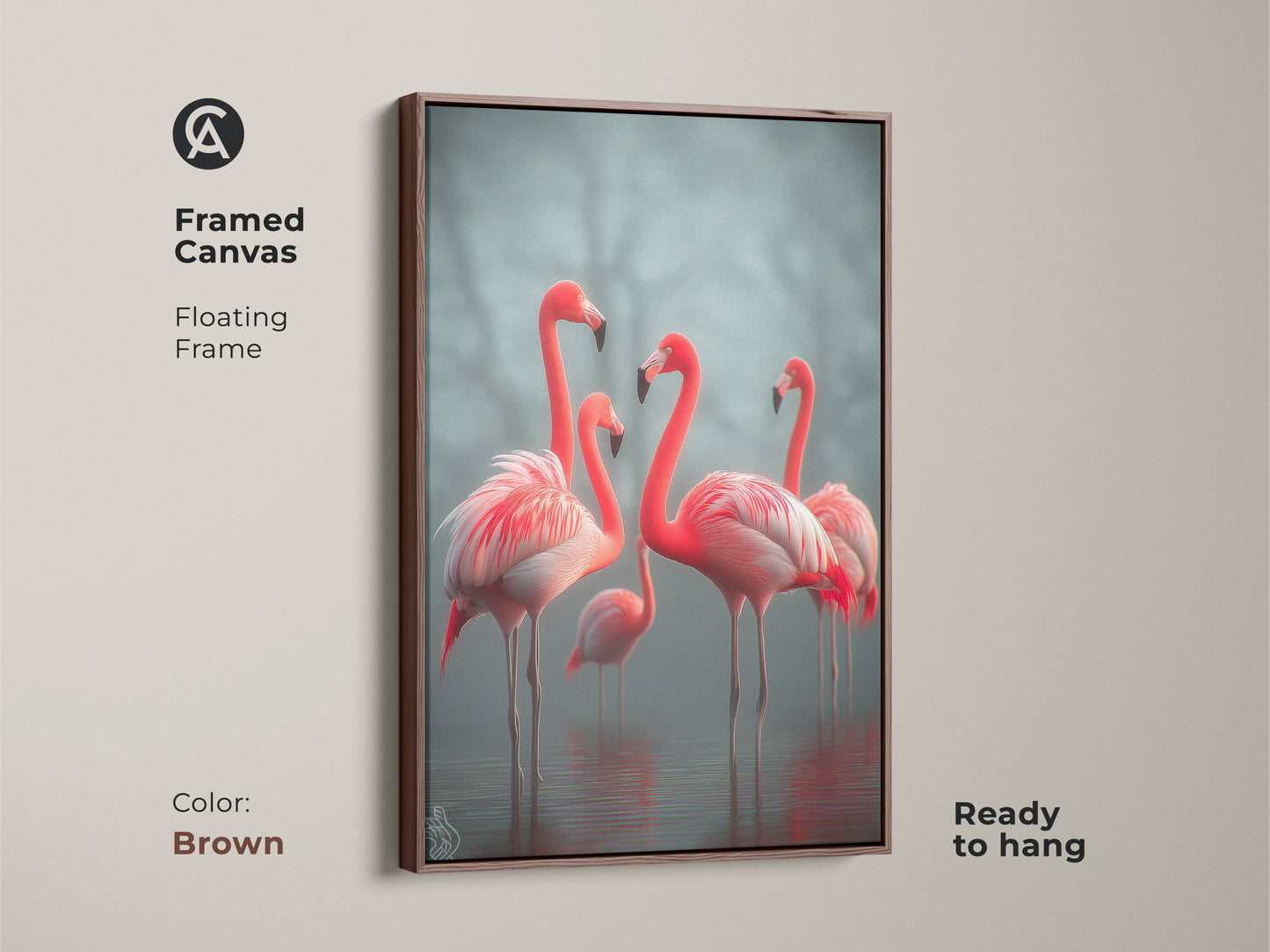Framed canvas showcasing elegant flamingos ready to hang. The brown floating frame enhances the photorealistic wildlife art. This coastal coral pink and teal artwork brings a serene touch. Ideal for bird lovers this framed print elevates any bedroom decor. A sophisticated housewarming gift.