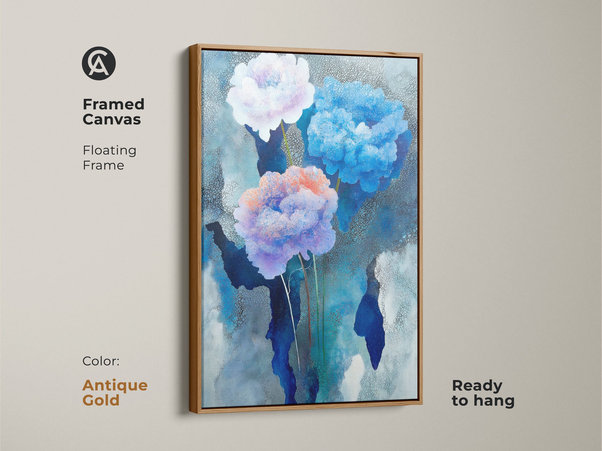 Calming nature artwork in teal hydrangea art print. Abstract floral motif enhances modern bedroom wall art. Blue botanical canvas is a plant lover gift idea.