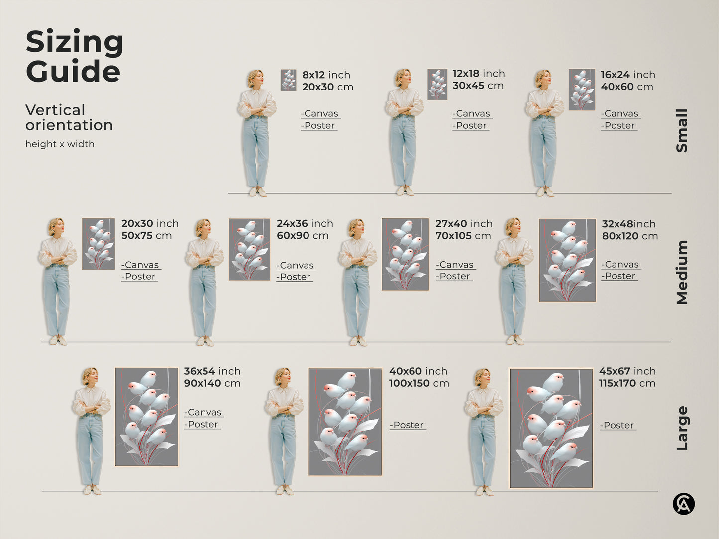 Sizing guide showcasing vertical orientations for the Scandinavian bird art. See how the minimalist finch print looks in small medium and large sizes on canvas and poster. Pink and gray botanical artwork adds a touch of nature to your walls making it a perfect piece of modern folk art decor or a housewarming gift.