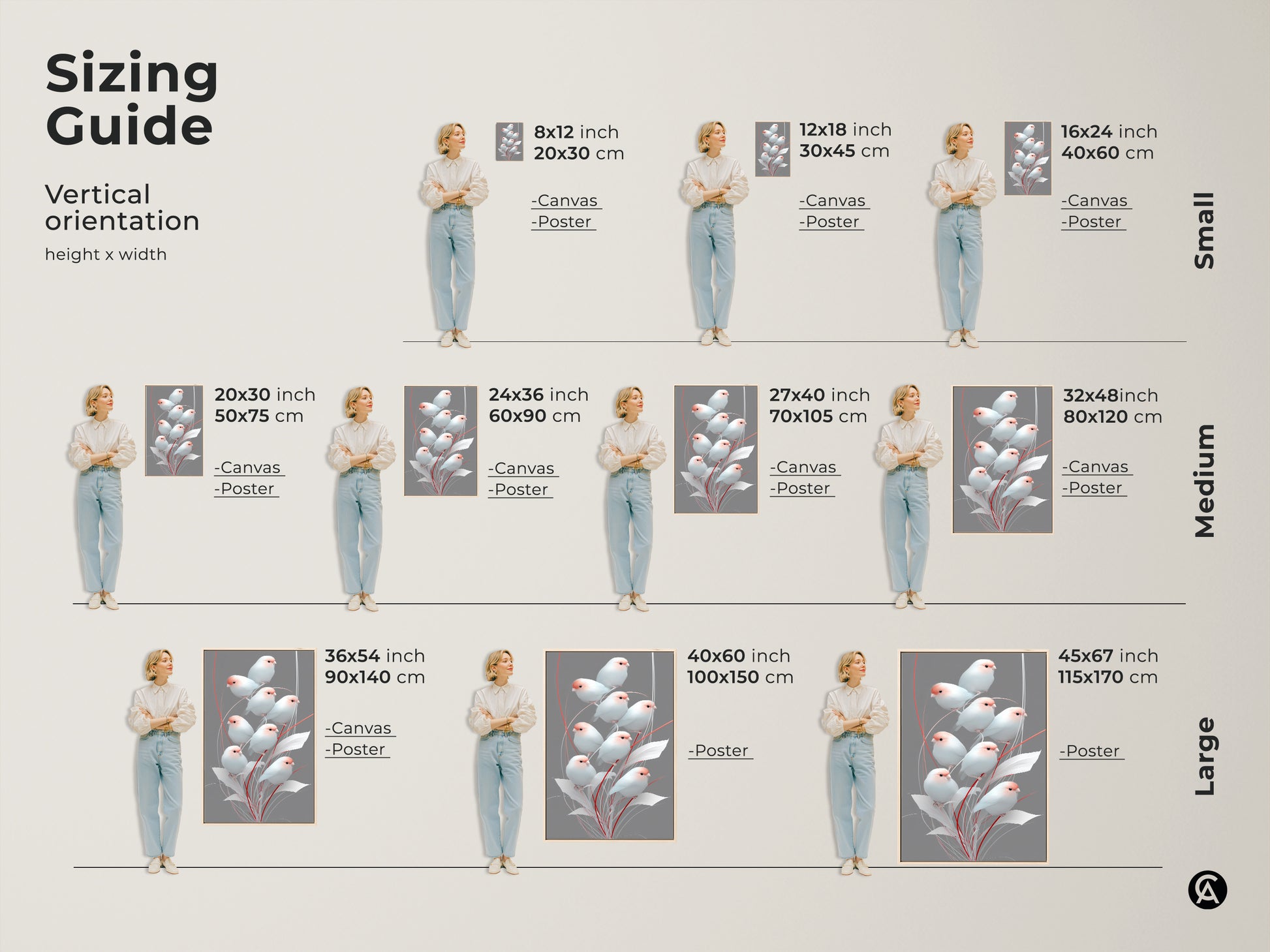 Sizing guide showcasing vertical orientations for the Scandinavian bird art. See how the minimalist finch print looks in small medium and large sizes on canvas and poster. Pink and gray botanical artwork adds a touch of nature to your walls making it a perfect piece of modern folk art decor or a housewarming gift.