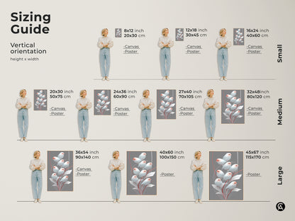 Sizing guide showcasing vertical orientations for the Scandinavian bird art. See how the minimalist finch print looks in small medium and large sizes on canvas and poster. Pink and gray botanical artwork adds a touch of nature to your walls making it a perfect piece of modern folk art decor or a housewarming gift.