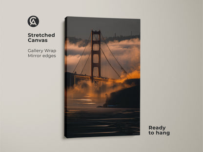 The Golden Gate Bridge fog print is ready to hang. This San Francisco cityscape canvas has gallery wrapped mirror edges. A modern piece of wall art for any room.