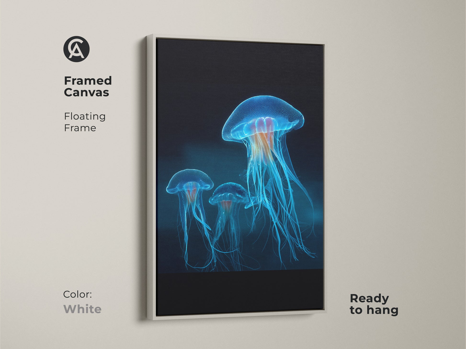 Framed canvas in white displays bioluminescent jellyfish. The floating frame enhances the electric blue ocean artwork. This contemporary artwork is ready to hang and adds a touch of marine biology to any room.