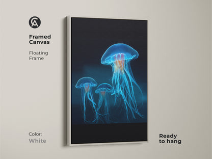 Framed canvas in white displays bioluminescent jellyfish. The floating frame enhances the electric blue ocean artwork. This contemporary artwork is ready to hang and adds a touch of marine biology to any room.