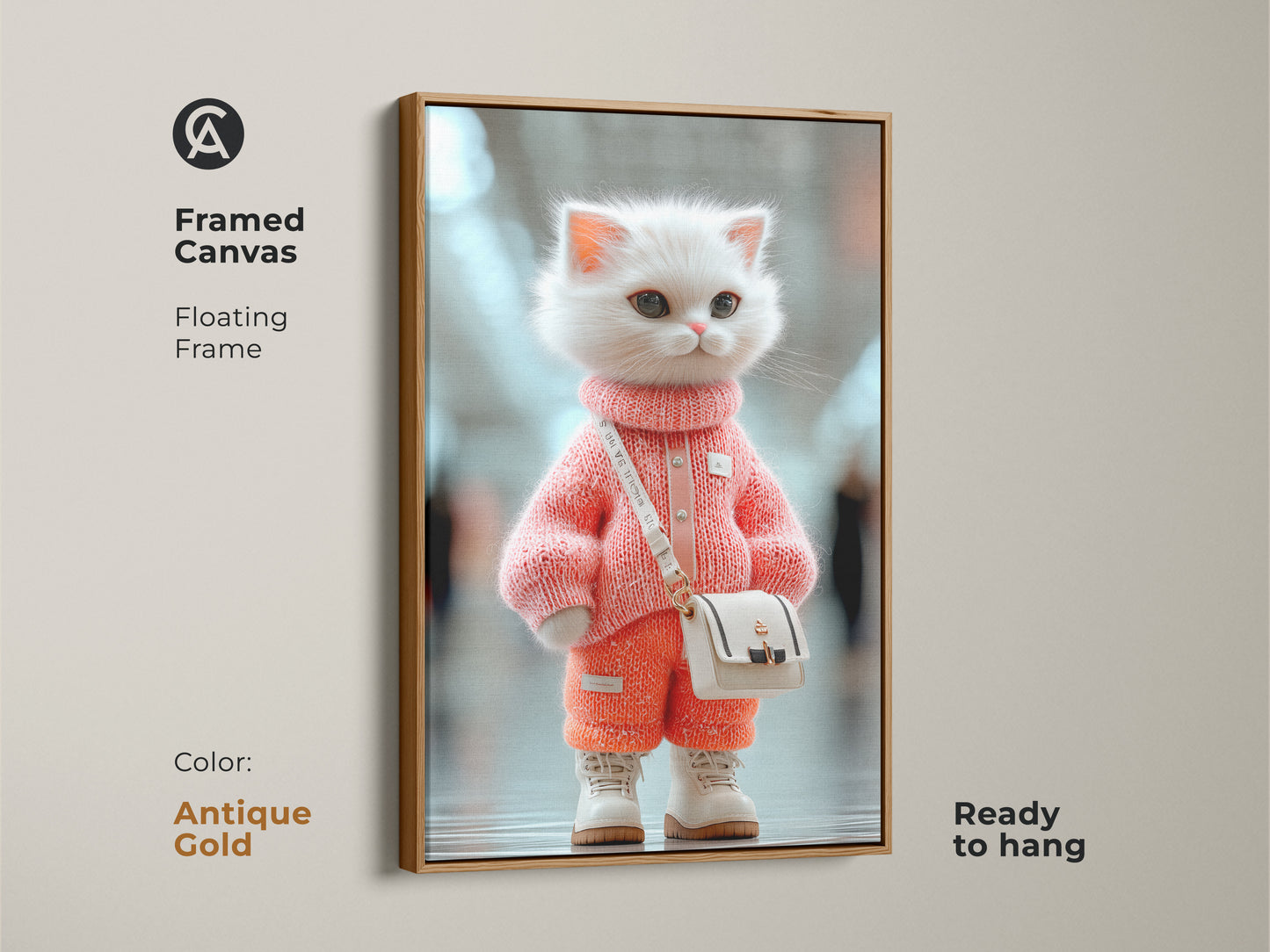 Antique gold framed canvas print featuring a cute kitten in a pink sweater. This framed animal artwork adds a touch of elegance to any space. Its ready to hang and perfect for cat lovers. The antique gold frame enhances the art.