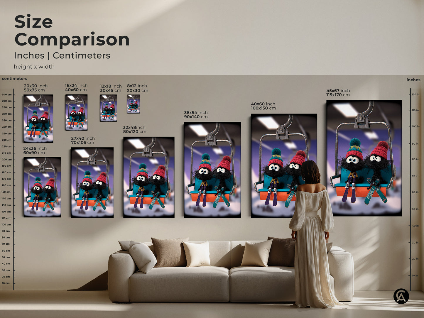 Size comparison of cartoon skiing furballs art prints in inches and centimeters. See how the artwork fits above a sofa showcasing various sizes. This print is ideal for adding a playful touch to any kids' playroom wall decor. Discover the perfect size for your space.
