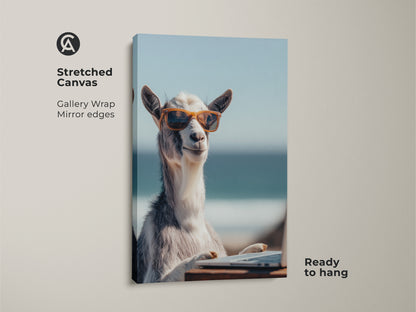 Stretched canvas featuring a funny beach goat print. This coastal animal canvas is ready to hang. The photorealistic goat in sunglasses art makes a unique office decor gift.