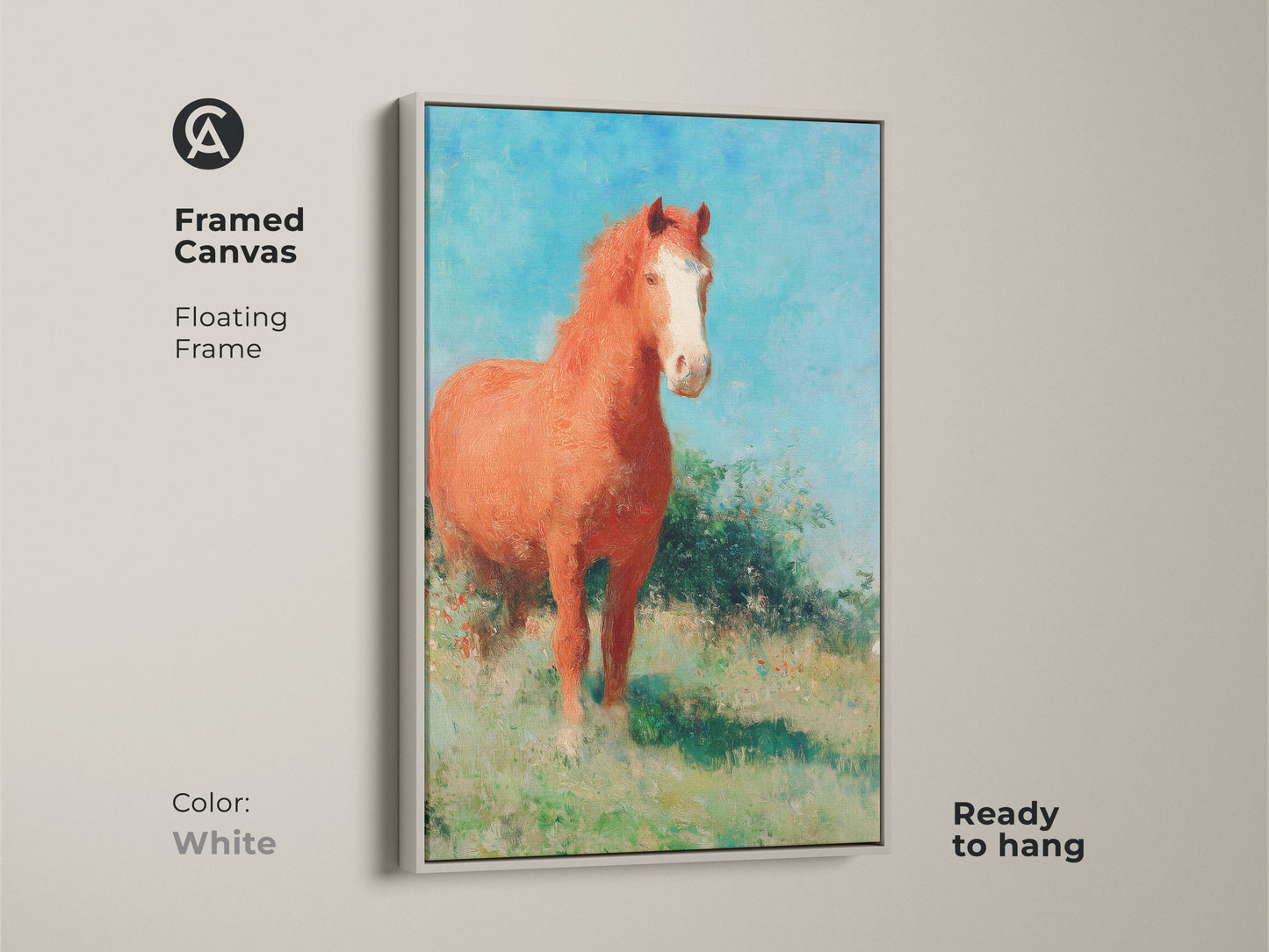 Framed canvas featuring an impressionist horse in a field with a white floating frame. This animal farm print is a charming addition to any home. The rustic landscape print and blue sky nature art evoke a sense of peace. Perfect as a horse riding gift or for equestrian decor.