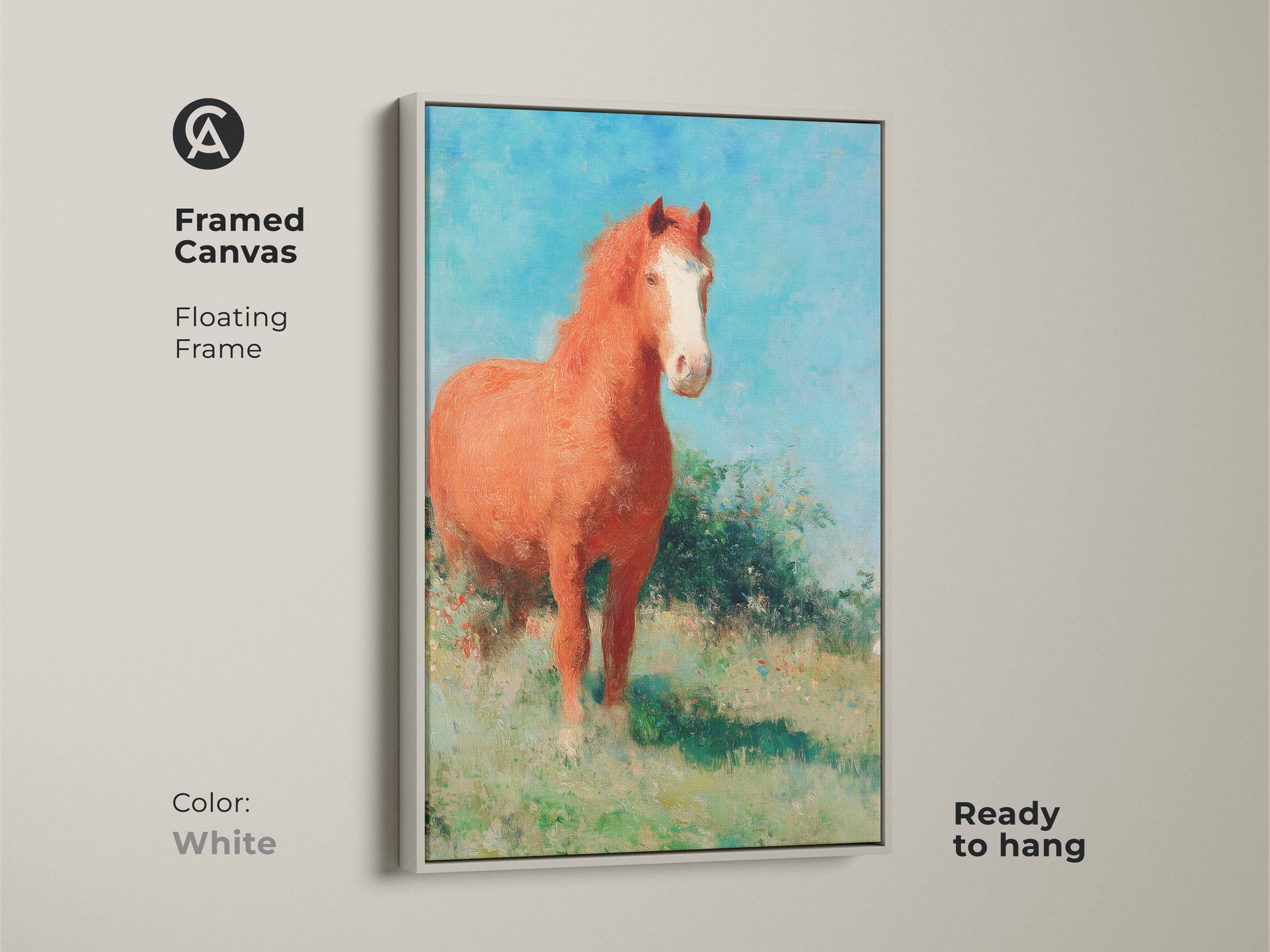 Framed canvas featuring an impressionist horse in a field with a white floating frame. This animal farm print is a charming addition to any home. The rustic landscape print and blue sky nature art evoke a sense of peace. Perfect as a horse riding gift or for equestrian decor.