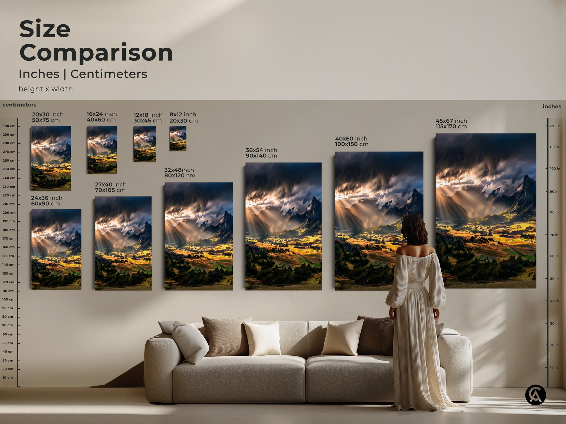 Size comparison of sunbeam mountain landscape prints. See how the canvas art looks in different sizes on a living room wall. From 8x12 to 45x67 inches. Rustic nature wall art to enhance your home decor. A great gift for hikers and outdoor enthusiasts.