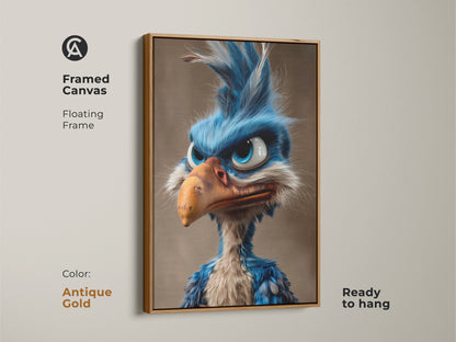 Framed canvas art featuring a cartoon bird with a floating frame. The antique gold frame enhances the artwork's unique details. This ready-to-hang piece is a great addition to any art collection or living space.